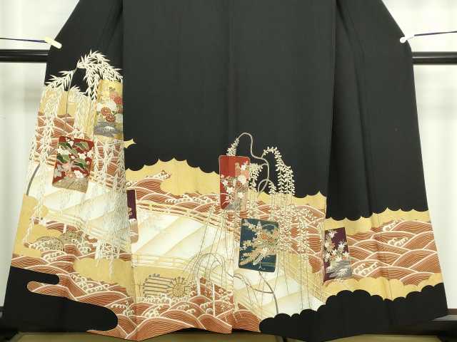 平和屋着物■豪華黒留袖 駒刺繍 風景草花文 金彩 正絹 逸品 DABC0226sf