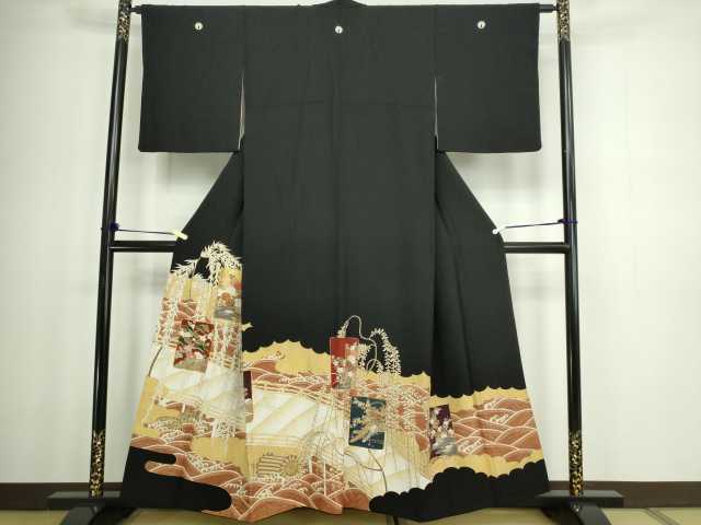 平和屋着物■豪華黒留袖 駒刺繍 風景草花文 金彩 正絹 逸品 DABC0226sf