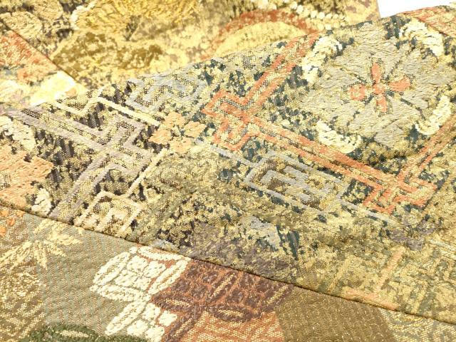 平和屋着物▼六通柄袋帯 唐織 ふくれ織 切嵌 舞蝶花松文 金糸 正絹 逸品 DABB1879fe
