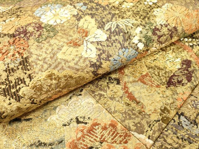 平和屋着物▼六通柄袋帯 唐織 ふくれ織 切嵌 舞蝶花松文 金糸 正絹 逸品 DABB1879fe