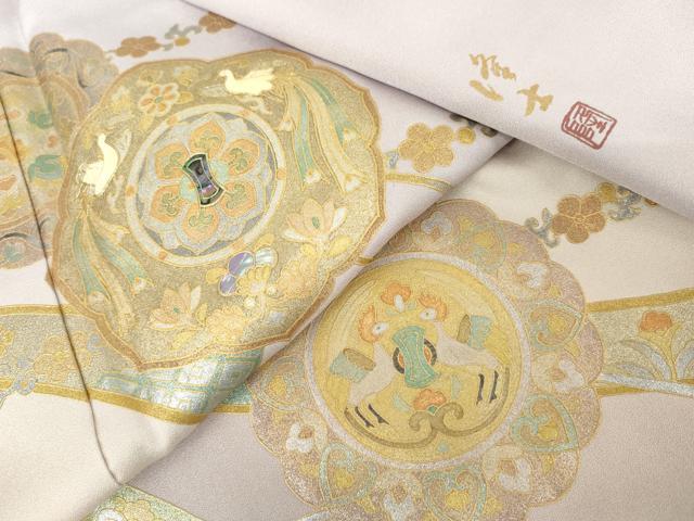 平和屋着物●螺鈿作家 藤本隆士 訪問着 鏡裏花鳥文 暈し染め 金銀彩 正絹 逸品 AABG0285cs