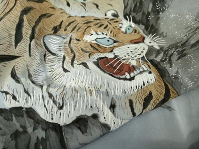 平和屋着物●男性 長襦袢 袷 手描き 立波に虎 暈し染め キングサイズ 正絹 逸品 AABF9143cs