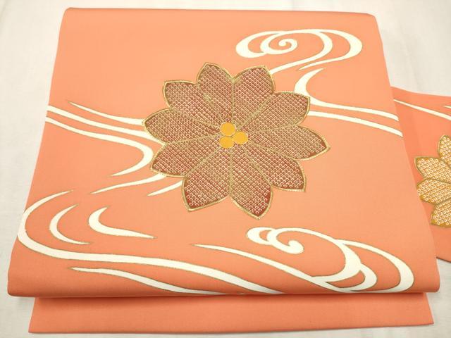 平和屋着物●塩瀬 九寸名古屋帯 駒刺繍 流水花文 金彩 正絹 逸品 CABD0697hy