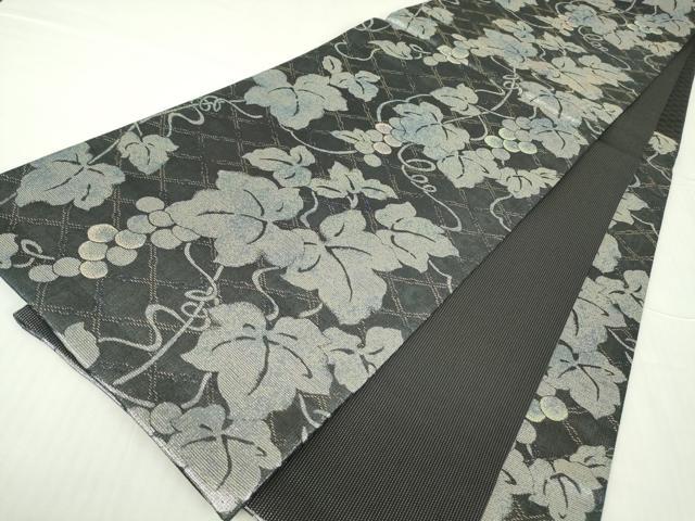 平和屋着物▽六通柄袋帯 スリーシーズン 春夏秋 葡萄唐草文 黒地 銀糸 正絹 逸品 DABA4856az