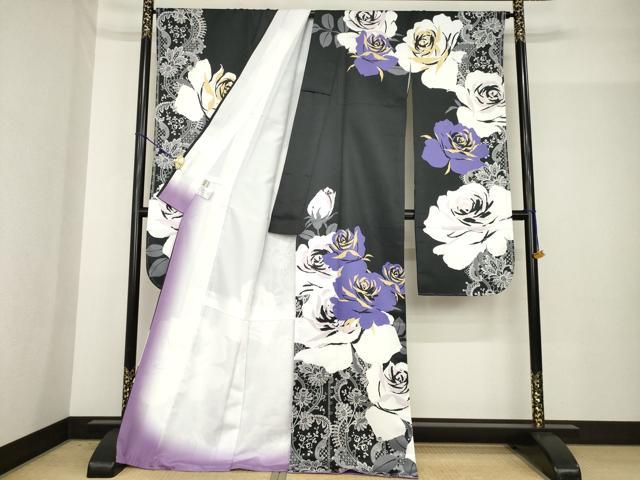 平和屋着物●H・L(アッシュエル) HENRI-LUC CHAPUIS 振袖 薔薇 バラ ロング丈 洗える着物 未使用 AABG0810ck
