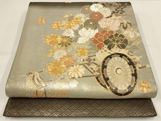 平和屋着物▼佐賀錦 太鼓柄袋帯 駒刺繍 花車文 金糸 正絹 逸品 AABF7508wj