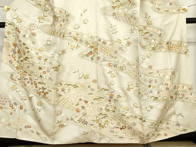 平和屋着物●総刺繍 訪問着 駒刺繍 中国三大刺繍 スワトウ刺繍 汕頭刺繍 流水吉祥草花文 金銀糸 金彩 正絹 逸品 AABG0394cs