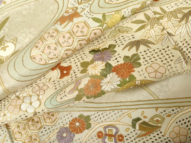 平和屋着物●総刺繍 訪問着 駒刺繍 中国三大刺繍 スワトウ刺繍 汕頭刺繍 流水吉祥草花文 金銀糸 金彩 正絹 逸品 AABG0394cs