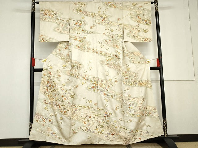 平和屋着物●総刺繍 訪問着 駒刺繍 中国三大刺繍 スワトウ刺繍 汕頭刺繍 流水吉祥草花文 金銀糸 金彩 正絹 逸品 AABG0394cs