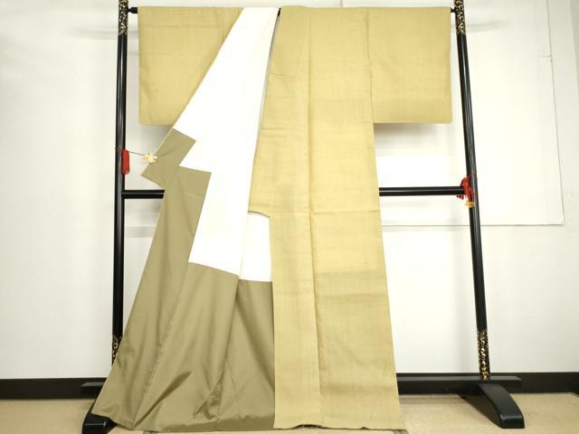 平和屋着物●染織の名門 しょうざん 生紬 色無地 枯草色 ロング丈 正絹 逸品 AABG2700cs