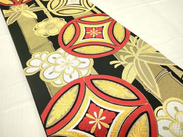平和屋着物▼六通柄袋帯 笹竹七宝花文 黒地 金糸 正絹 逸品 DABA4982az