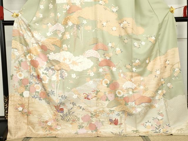 平和屋着物●訪問着 駒刺繍 鴛鴦吉祥草花文 金彩 ロング丈 正絹 逸品 AABG2737cs