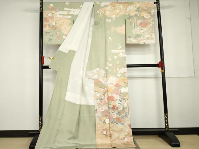 平和屋着物●訪問着 駒刺繍 鴛鴦吉祥草花文 金彩 ロング丈 正絹 逸品 AABG2737cs
