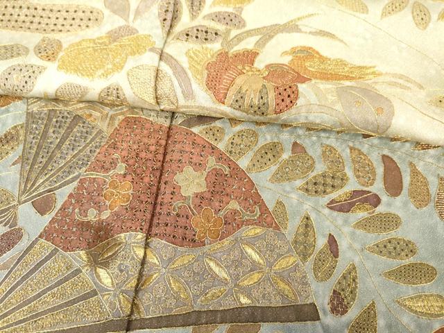 平和屋着物●総刺繍 訪問着 中国三大刺繍 汕頭刺繍 スワトウ刺繍 辻が花 鴛鴦扇面草花文 暈し染め 金糸 金通し地 正絹 逸品 AABG2740cs