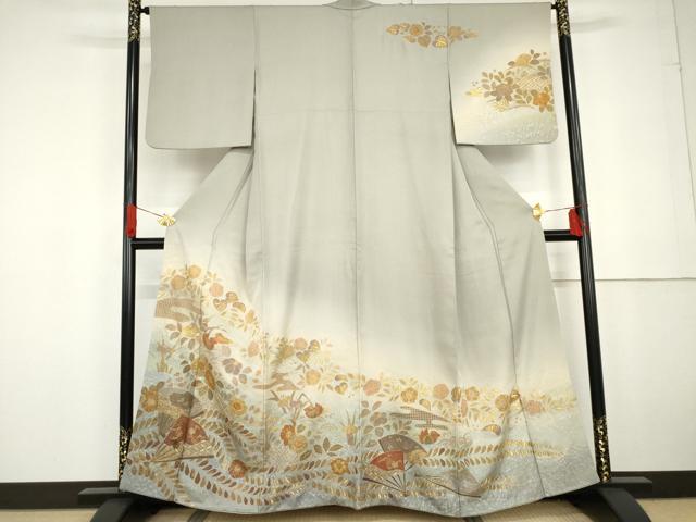 平和屋着物●総刺繍 訪問着 中国三大刺繍 汕頭刺繍 スワトウ刺繍 辻が花 鴛鴦扇面草花文 暈し染め 金糸 金通し地 正絹 逸品 AABG2740cs