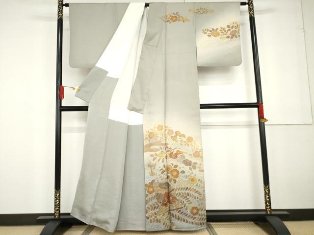 平和屋着物●総刺繍 訪問着 中国三大刺繍 汕頭刺繍 スワトウ刺繍 辻が花 鴛鴦扇面草花文 暈し染め 金糸 金通し地 正絹 逸品 AABG2740cs