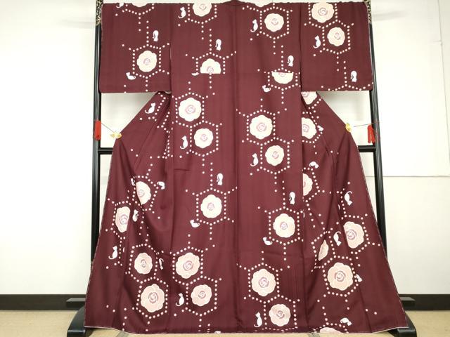 平和屋着物●夢工房 小紋 猫と薔薇 やまと誂製 ロング丈 洗える着物 未使用 AABG2748cs