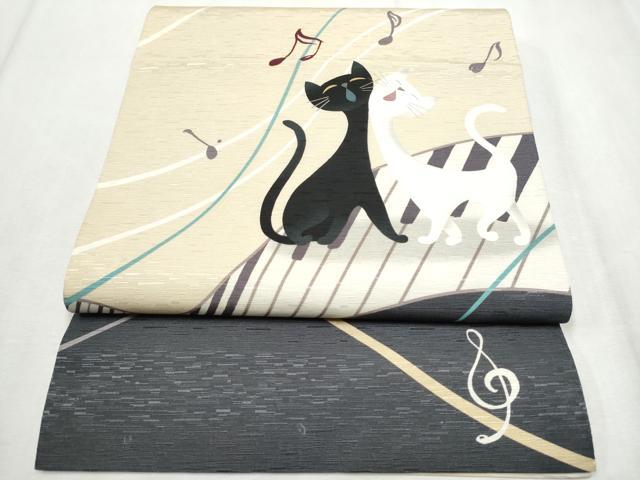 平和屋着物●全通柄 京袋帯 WAKKA ワッカ 猫 ピアノ 音符 正絹 逸品 CABD5649hy
