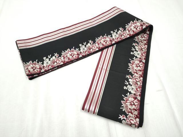 平和屋着物●本場筑前博多織 両面 半幅帯 舞花間道 黒地 正絹 逸品 CABD5715hy