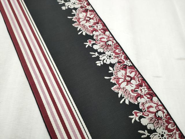 平和屋着物●本場筑前博多織 両面 半幅帯 舞花間道 黒地 正絹 逸品 CABD5715hy