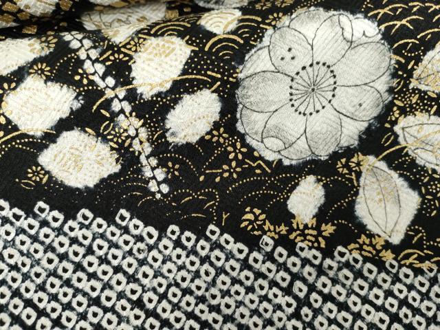 平和屋着物●訪問着 辻が花 絞り 黒地 金彩 正絹 逸品 AABG2783cs