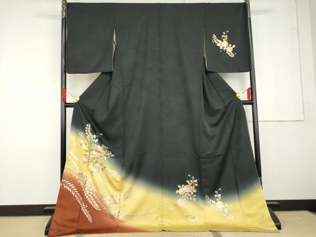平和屋着物●訪問着 辻が花 暈し染め 黒地 金銀彩 ロング丈 正絹 逸品 AABG2776cs