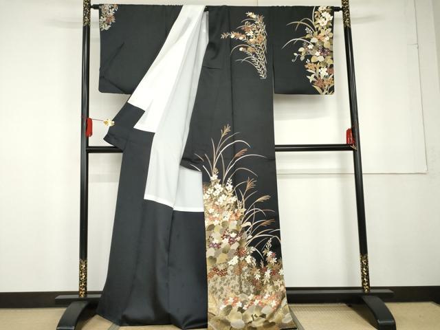 平和屋着物●訪問着 友禅 駒刺繍 草花文 黒地 金彩 正絹 逸品 AABG3487cs