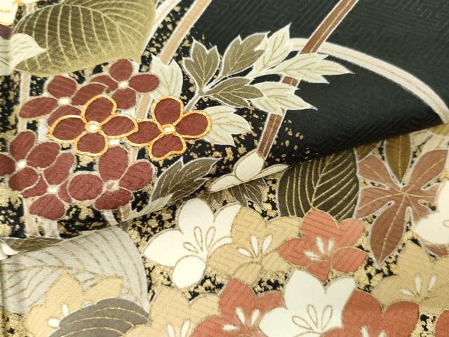 平和屋着物●訪問着 友禅 駒刺繍 草花文 黒地 金彩 正絹 逸品 AABG3487cs