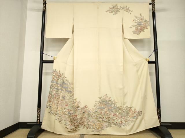 平和屋着物●総刺繍 蘇州刺繍 訪問着 風景花文 正絹 逸品 AABG2656ck