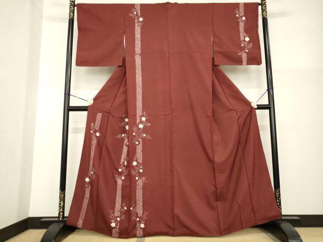 平和屋着物●訪問着 紬地 絞り 枝花文 銀彩 正絹 逸品 AABG3689ck