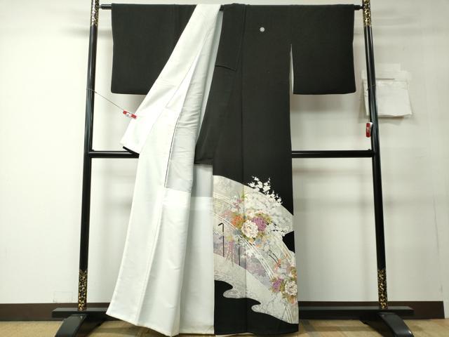 平和屋着物■豪華黒留袖 駒刺繍 渡り橋草花文 金銀彩 正絹 逸品 CABC7781ou