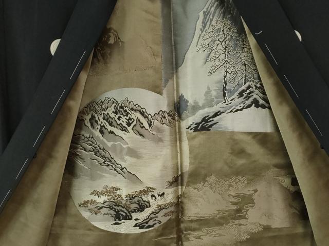 平和屋着物●男性 黒紋付 羽織セット 羽裏:風景文 正絹 逸品 未使用 CABC6893yc