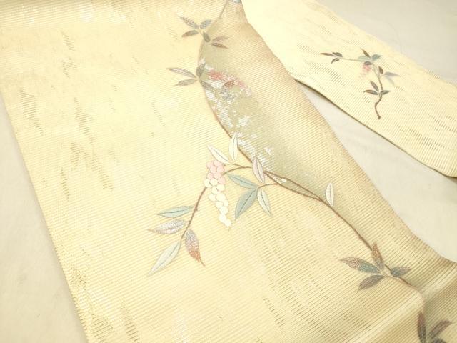 平和屋着物*夏物 九寸名古屋帯 刺繍 葡萄枝葉文 金彩 引箔 正絹 逸品 DABC8227cm