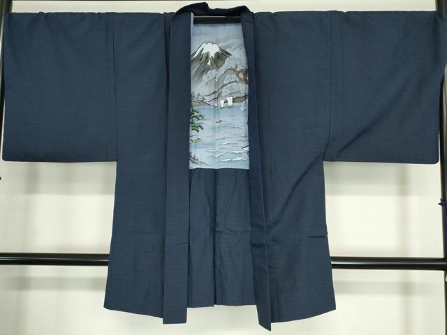 平和屋着物●男性 生紬 米沢織 アンサンブル 長襦袢(無双)セット 格子 証紙付き 正絹 逸品 DABC3063az