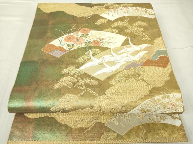 平和屋着物▼六通柄袋帯 地紙飛鶴花文 金銀糸 引箔 正絹 逸品 DABC3133az