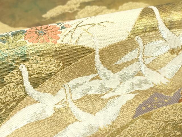 平和屋着物▼六通柄袋帯 地紙飛鶴花文 金銀糸 引箔 正絹 逸品 DABC3133az