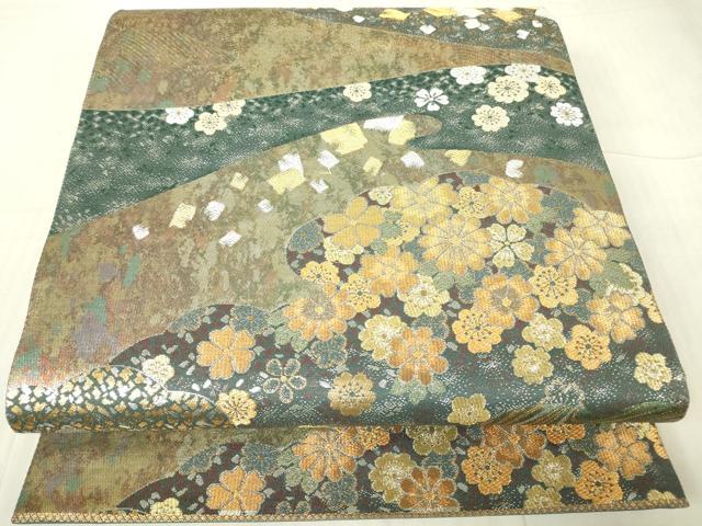 平和屋着物▼六通柄袋帯 上品錦 箔散らし舞花文 金銀糸 引箔 正絹 逸品 DABC3147az