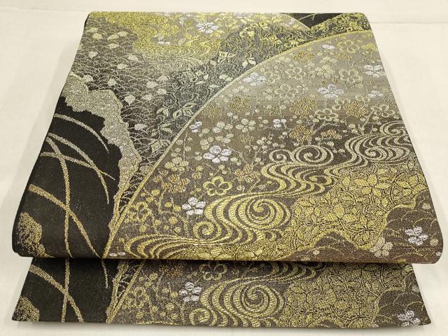 平和屋着物▼六通柄袋帯 流水草花文 金銀糸 正絹 逸品 AABF7714wj
