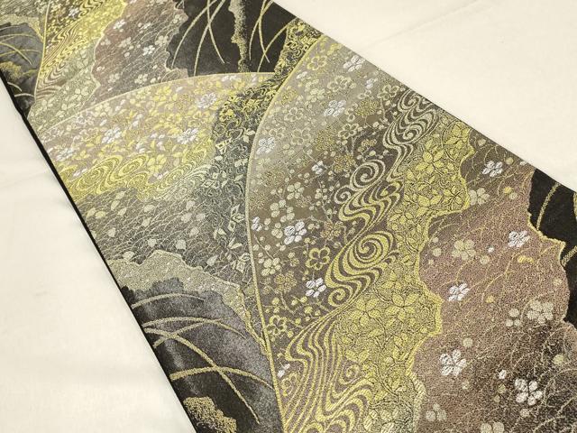平和屋着物▼六通柄袋帯 流水草花文 金銀糸 正絹 逸品 AABF7714wj