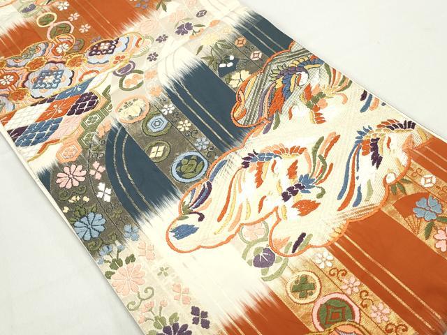 平和屋着物◎六通柄袋帯 唐織 花鳥間道 鳳凰 金糸 正絹 逸品 DABC9104qa