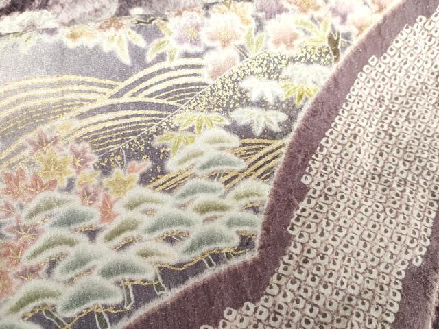 平和屋着物●訪問着 辻が花 駒刺繍 絞り 風景吉祥草花文 暈し染め 金彩 銀通し地 正絹 逸品 AABG3566cs