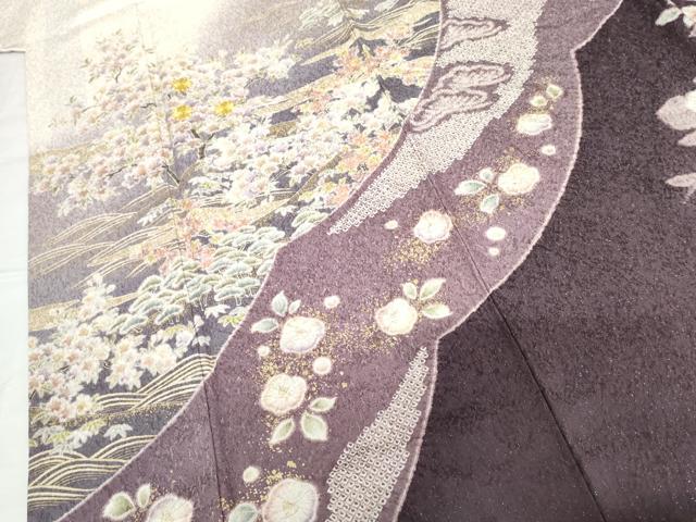平和屋着物●訪問着 辻が花 駒刺繍 絞り 風景吉祥草花文 暈し染め 金彩 銀通し地 正絹 逸品 AABG3566cs