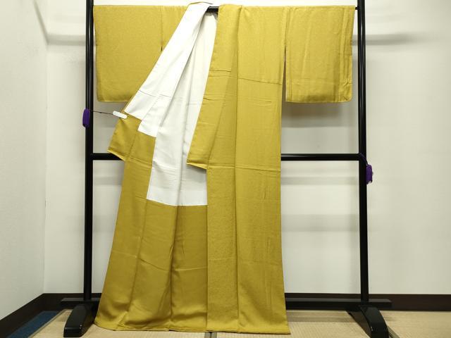 平和屋着物●上質な色無地 寿光織 花唐草地紋 芥子色 反端付き ロング丈 正絹 逸品 未使用 CABC8317gh