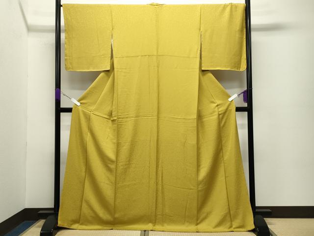 平和屋着物●上質な色無地 寿光織 花唐草地紋 芥子色 反端付き ロング丈 正絹 逸品 未使用 CABC8317gh