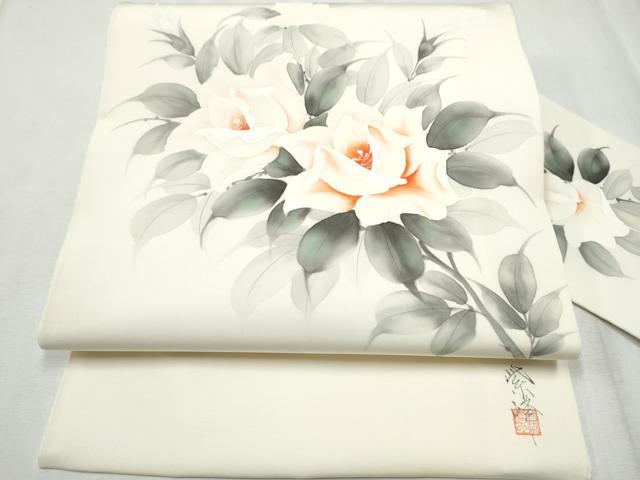 平和屋着物●塩瀬 九寸名古屋帯 作家物 手描き 枝牡丹 正絹 逸品 CABD5840hy