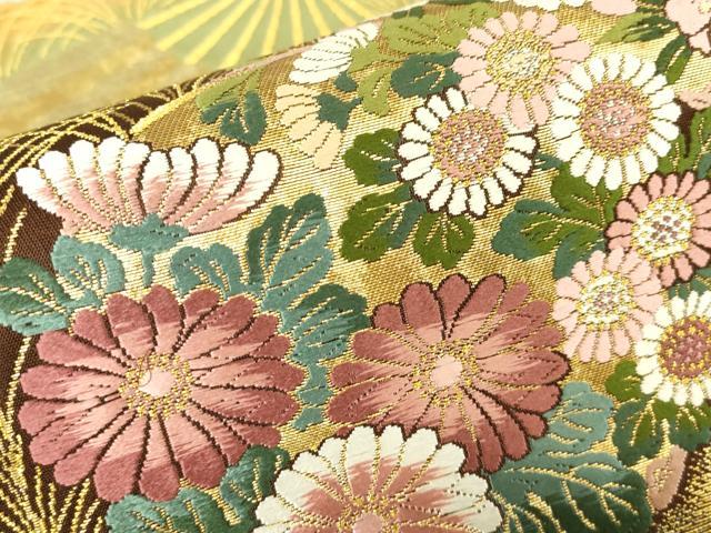 平和屋着物▼六通柄袋帯 花の丸扇面 唐三彩 金糸 正絹 逸品 DABC3321az