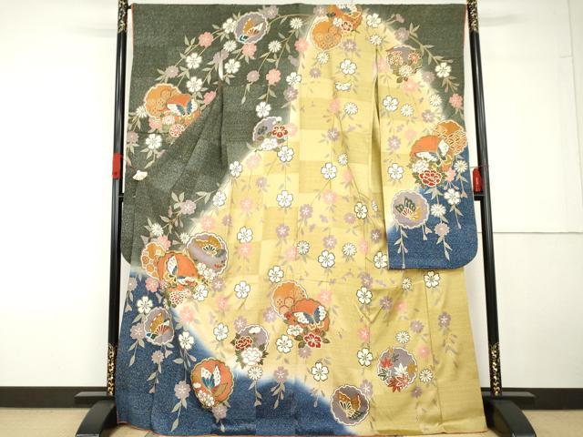 平和屋着物●豪華振袖 駒刺繍 雪輪花蝶文 暈し染め 金彩 正絹 逸品 AABG5400cs