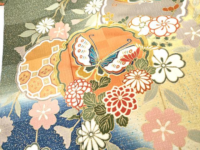平和屋着物●豪華振袖 駒刺繍 雪輪花蝶文 暈し染め 金彩 正絹 逸品 AABG5400cs