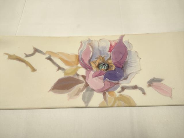 平和屋着物●塩瀬 九寸名古屋帯 作家物 手描き 草花文 正絹 逸品 DABD2148du