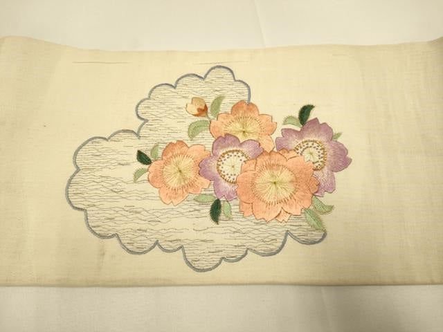 平和屋着物●アンティーク 大正ロマン 九寸名古屋帯 駒刺繍 総刺繍 片輪車花文 金糸 正絹 逸品 DABD2030du
